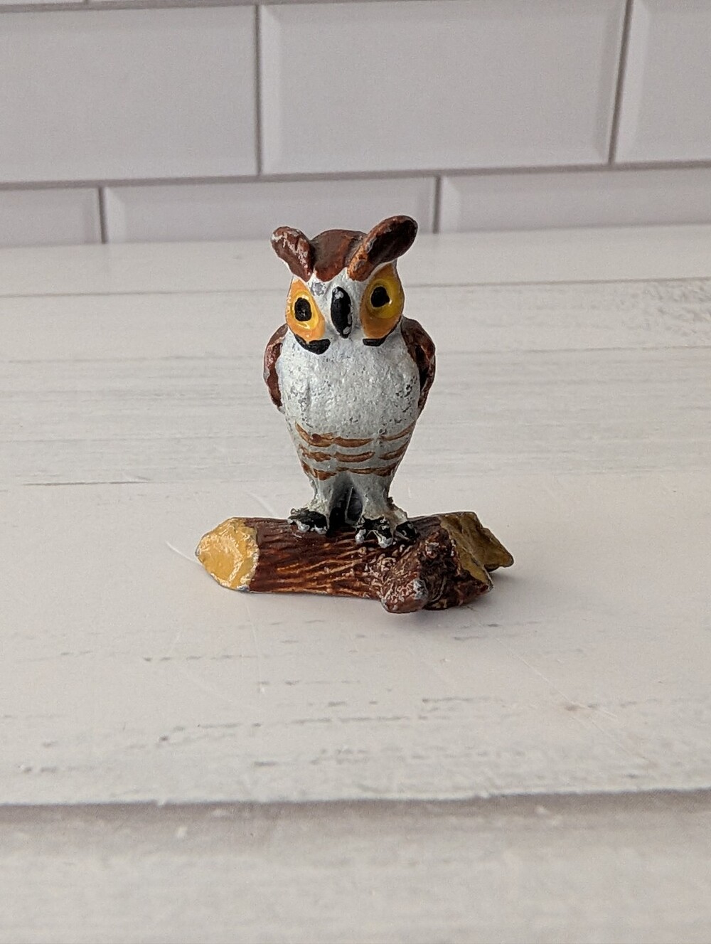 Cold Painted Lead Miniature Owl Figurine on Branch Cast Metal Tiny Bird vintage